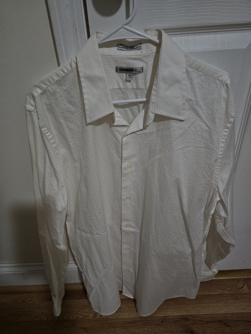 Express Men’s Cream-Striped Long Sleeve Dress Shirt